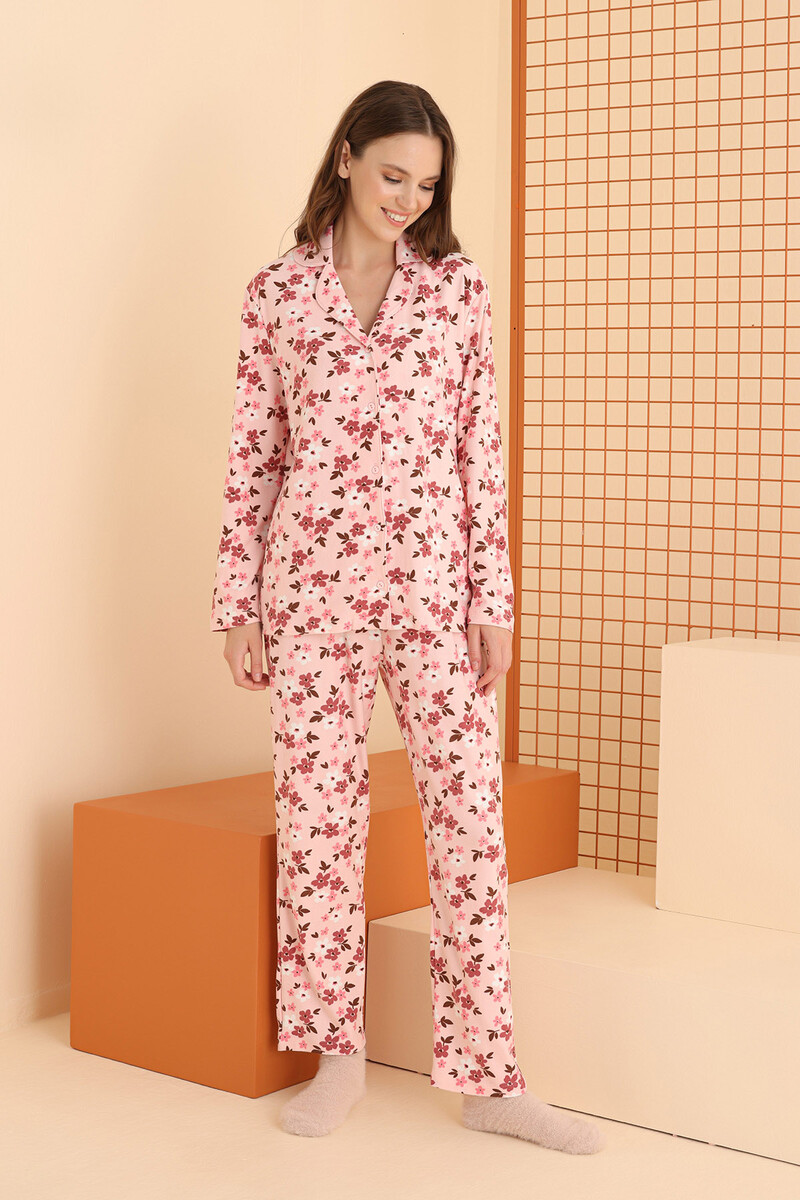 Pembe Çiçekli Önden Düğmeli Pijama Takımı - 2