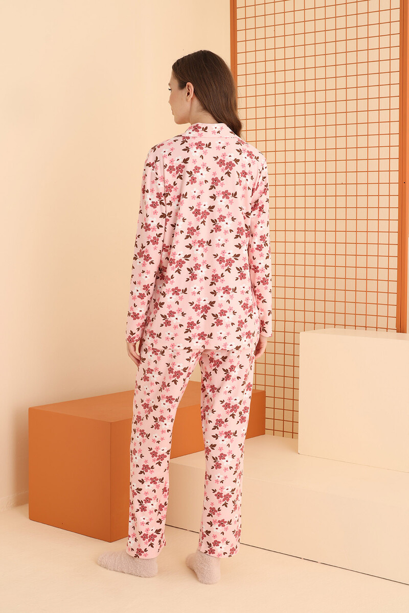 Pembe Çiçekli Önden Düğmeli Pijama Takımı - 4