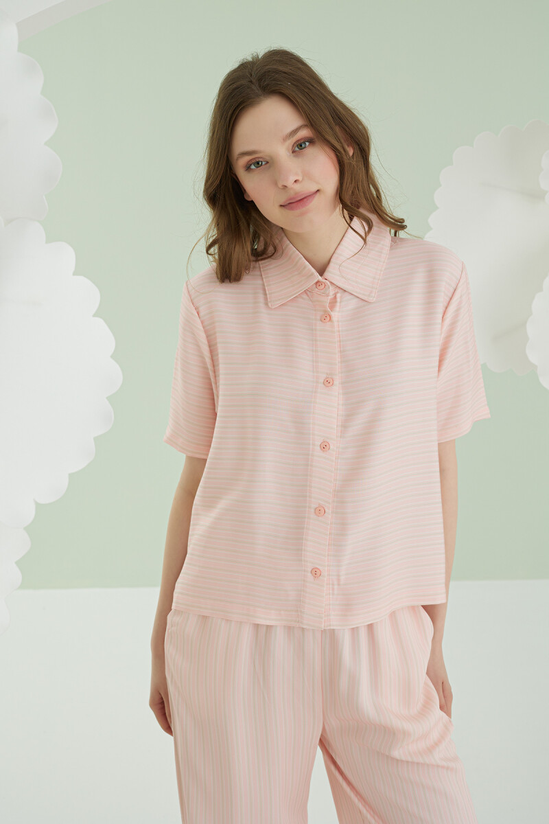 Pembe Çizgili Önden Düğmeli Pijama Takımı - 2