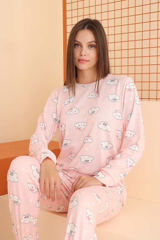 Pembe Cloud Pattern Pijama Takımı - Thumbnail