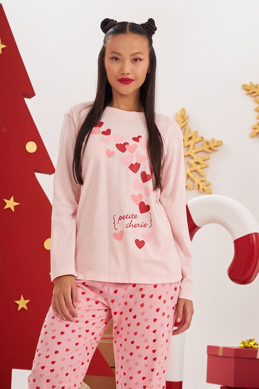 Pembe Double Heart Pattern Pijama Takımı - Thumbnail