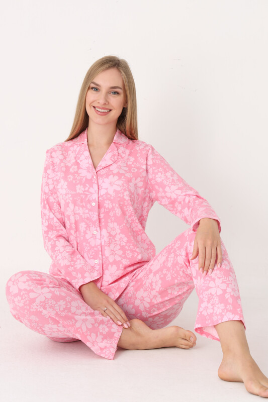 Pembe Flower Effect Önden Düğmeli Pijama Takımı 