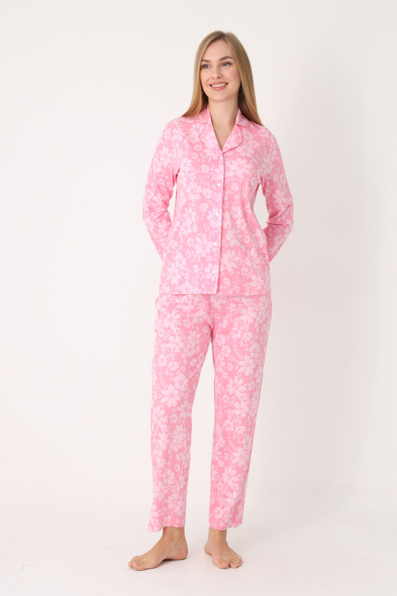 Pembe Flower Effect Önden Düğmeli Pijama Takımı - 2
