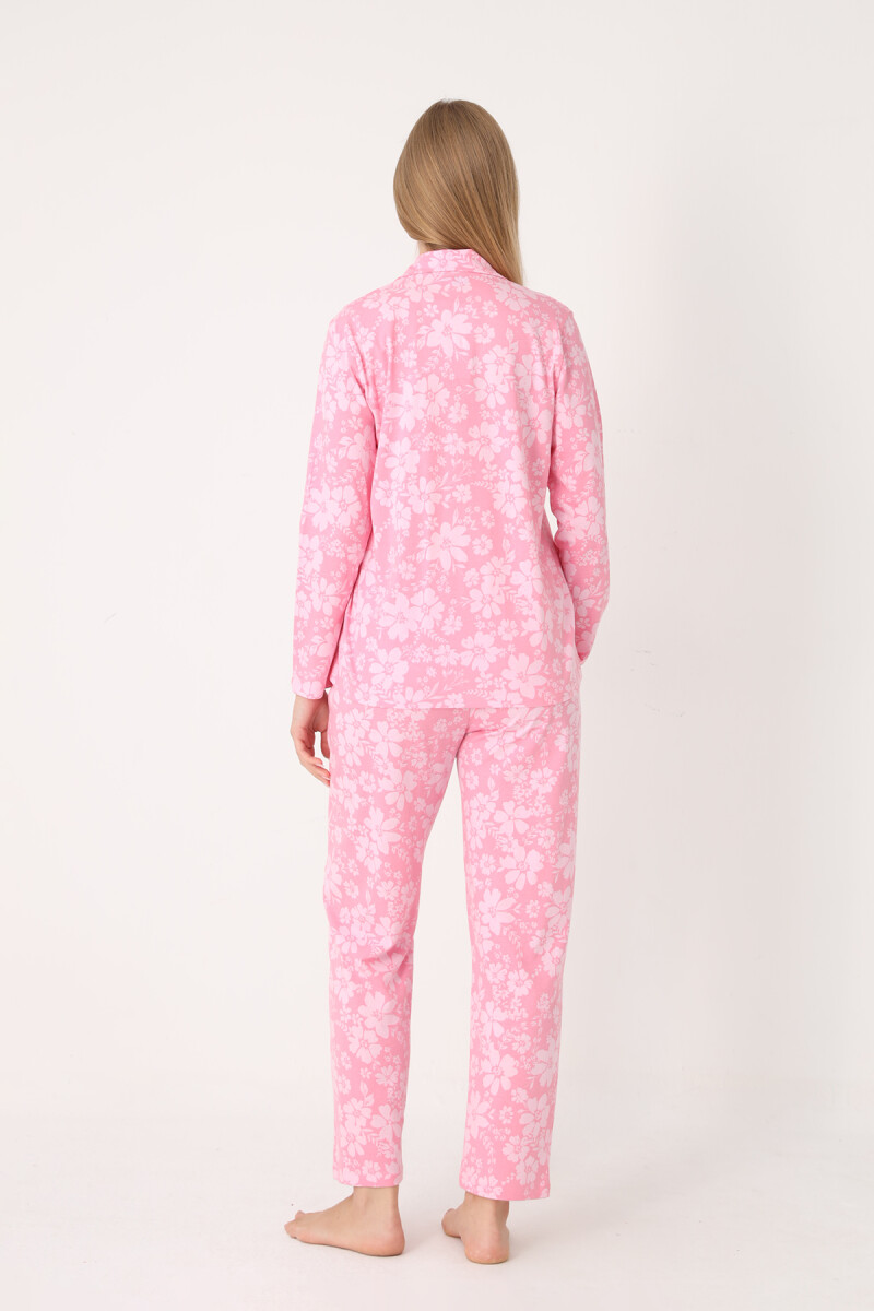 Pembe Flower Effect Önden Düğmeli Pijama Takımı - 3