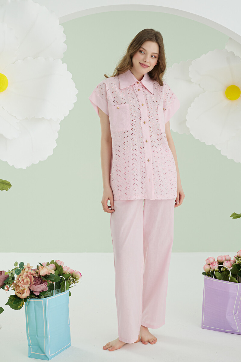 Pembe Hole Önden Düğmeli Pijama Takımı - 2
