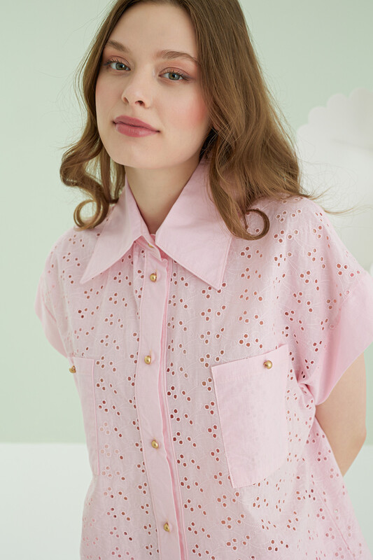 Pembe Hole Önden Düğmeli Pijama Takımı - NBB