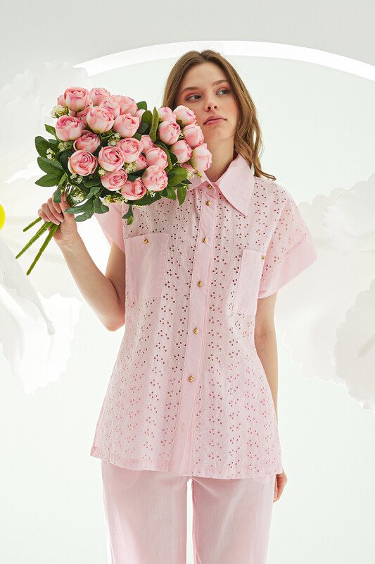 Pembe Hole Önden Düğmeli Pijama Takımı - NBB