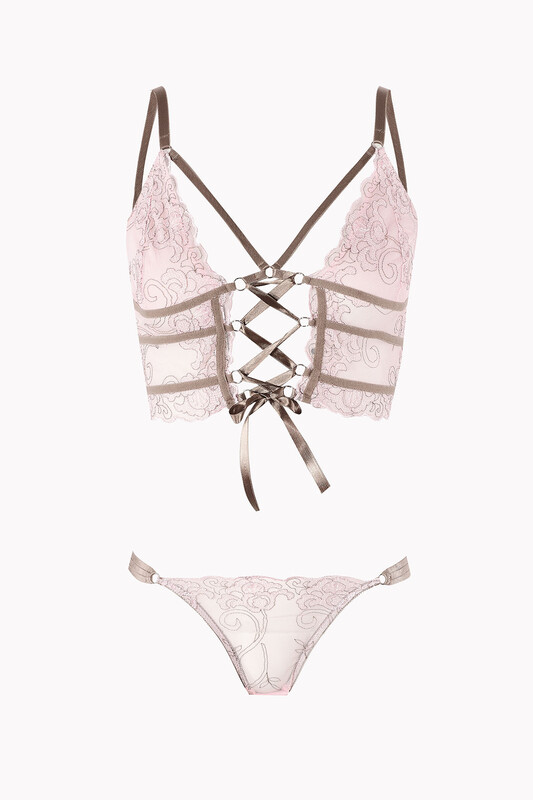 Pembe Kahve Dekolteli Kapsız Bralet Takım 