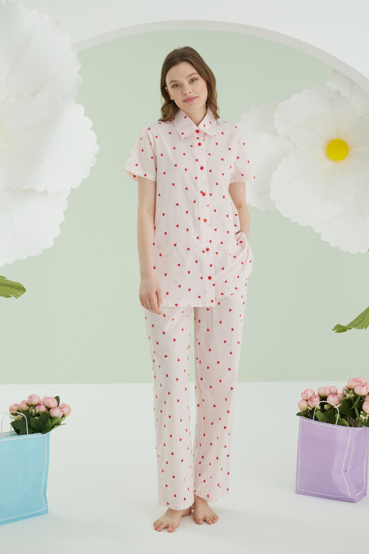Pembe Kalpli Önden Düğmeli Pijama Takım - NBB