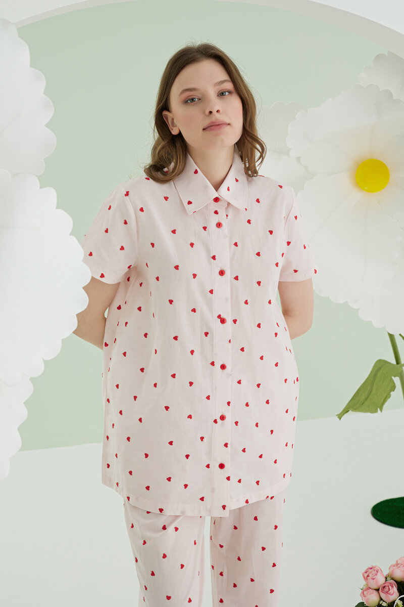 Pembe Kalpli Önden Düğmeli Pijama Takım - 3