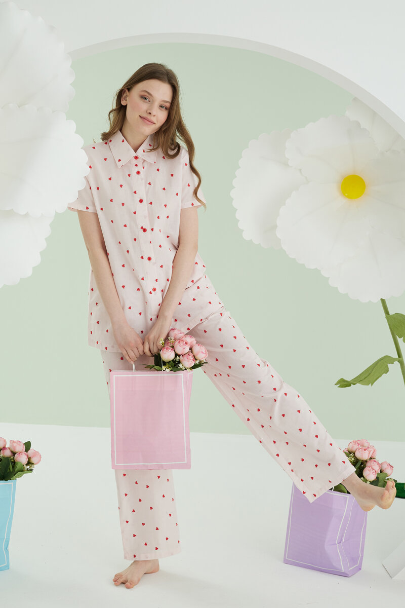 Pembe Kalpli Önden Düğmeli Pijama Takım - 1