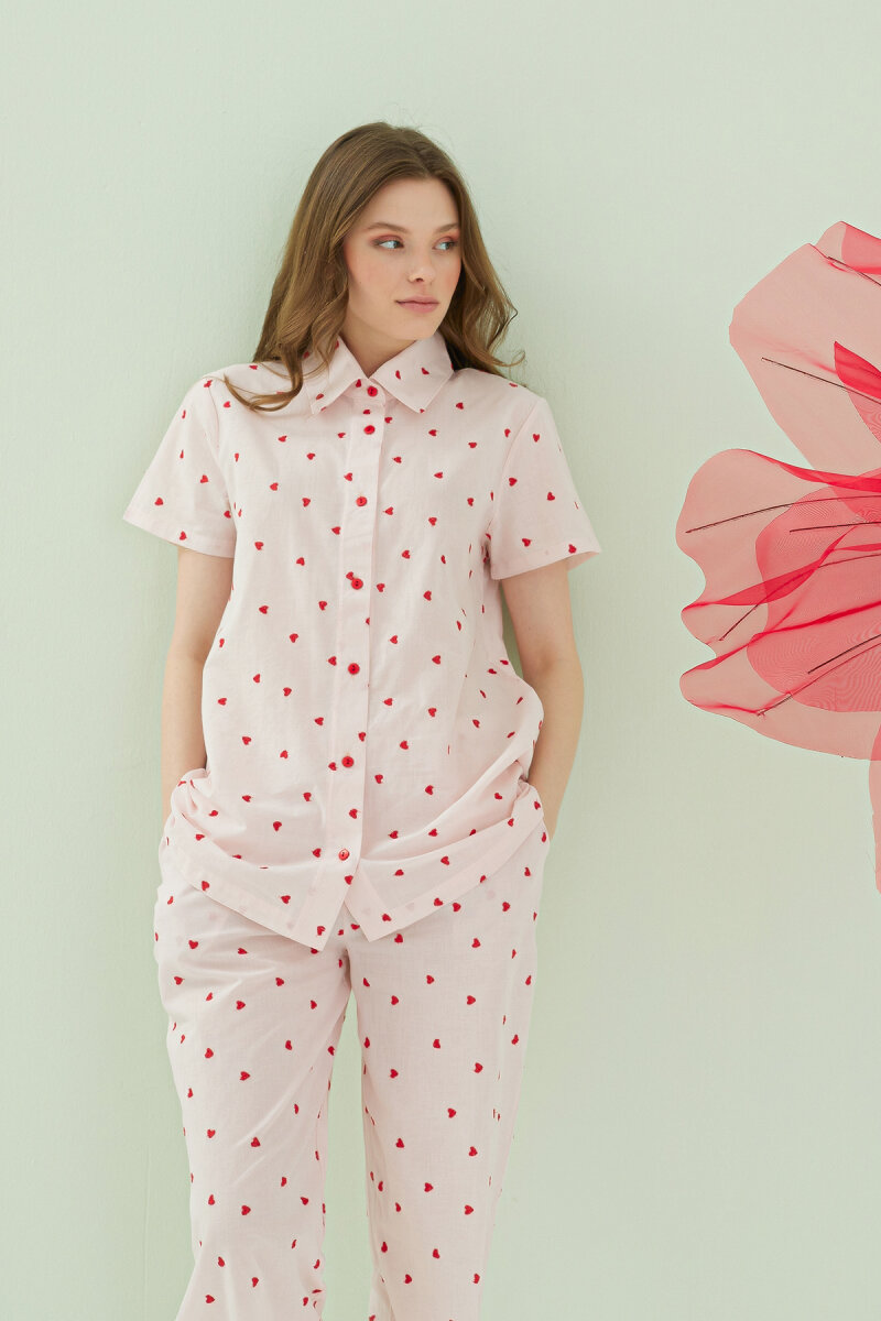 Pembe Kalpli Önden Düğmeli Pijama Takım - 4