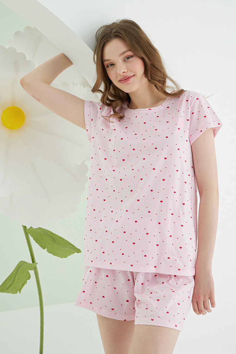 Pembe Kalpli Şortlu Pijama Takımı - 1