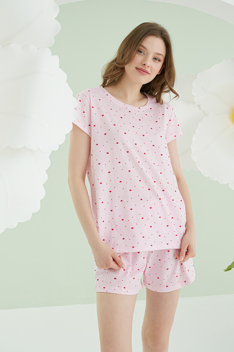 Pembe Kalpli Şortlu Pijama Takımı - 3