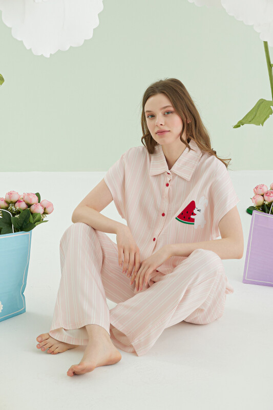 Pembe Karpuz Desenli Önden Düğmeli Pijama Takım - NBB