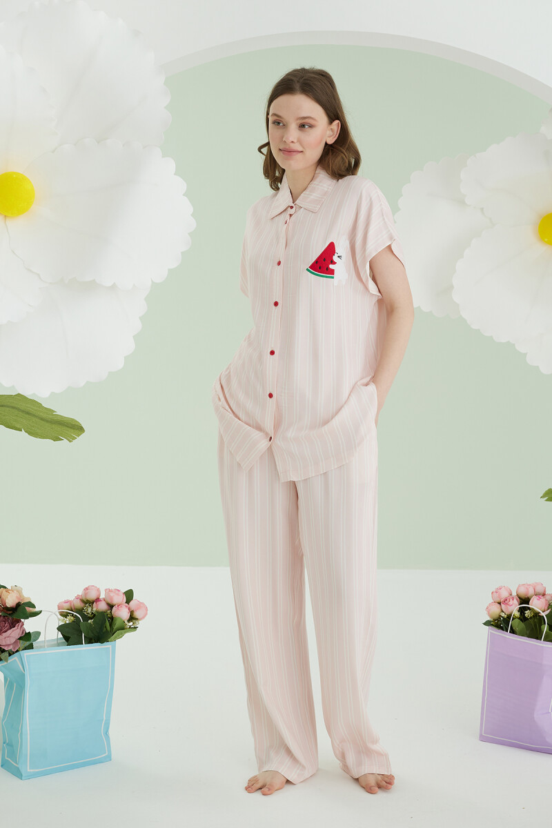 Pembe Karpuz Desenli Önden Düğmeli Pijama Takım - 2
