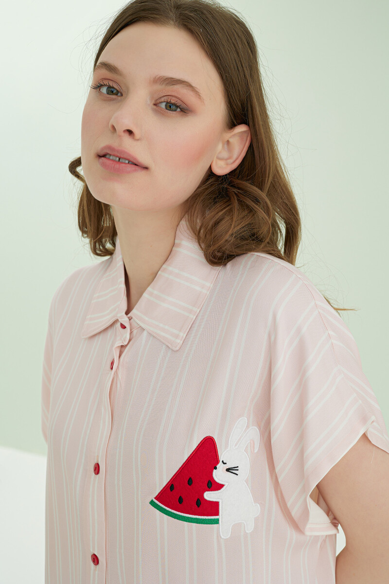 Pembe Karpuz Desenli Önden Düğmeli Pijama Takım - 3