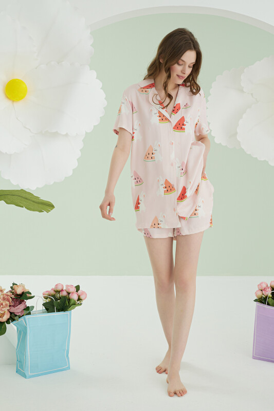 Pembe Karpuz Önden Düğmeli Şortlu Pijama Takımı - NBB