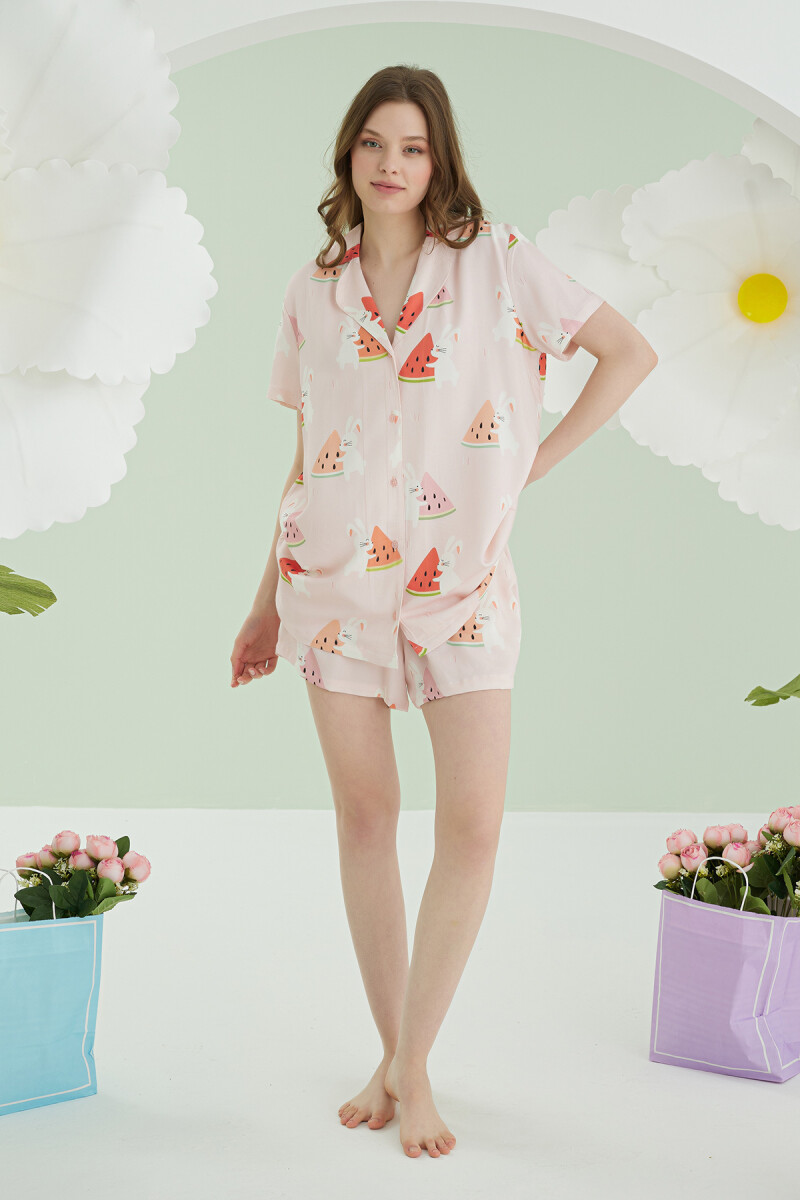 Pembe Karpuz Önden Düğmeli Şortlu Pijama Takımı - 2