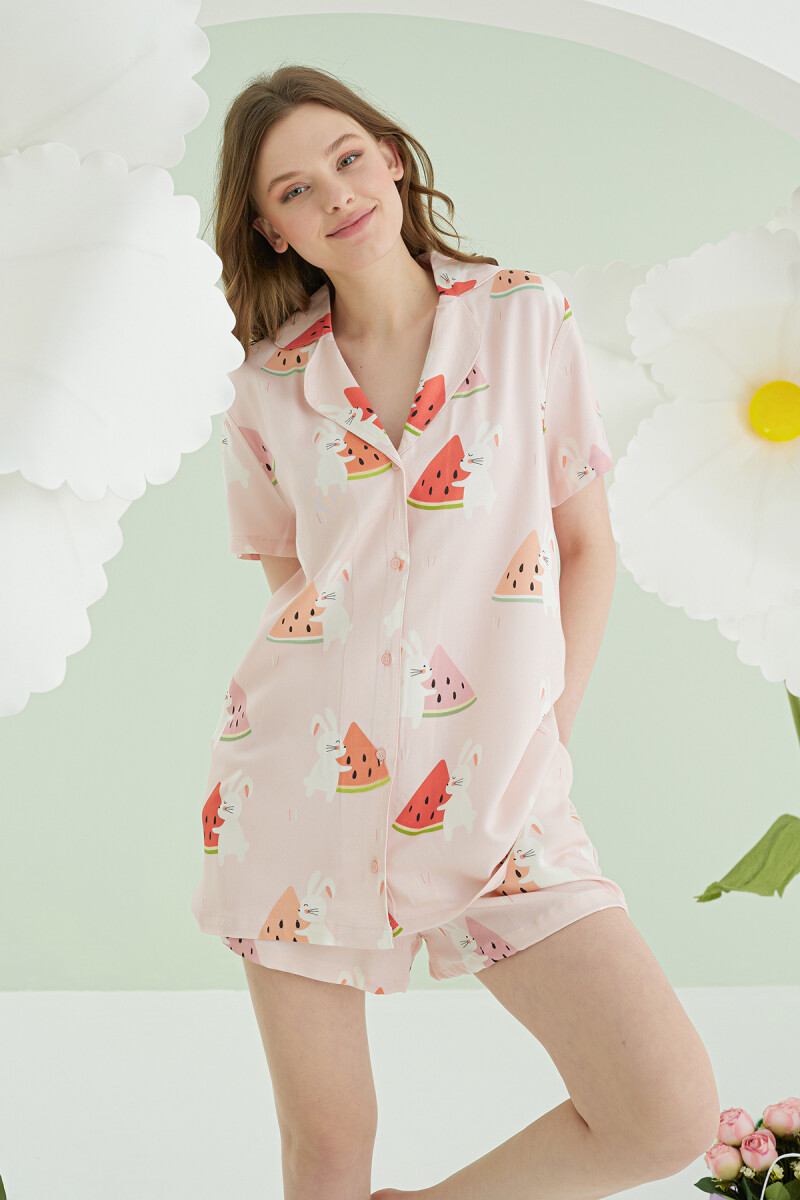 Pembe Karpuz Önden Düğmeli Şortlu Pijama Takımı - 3