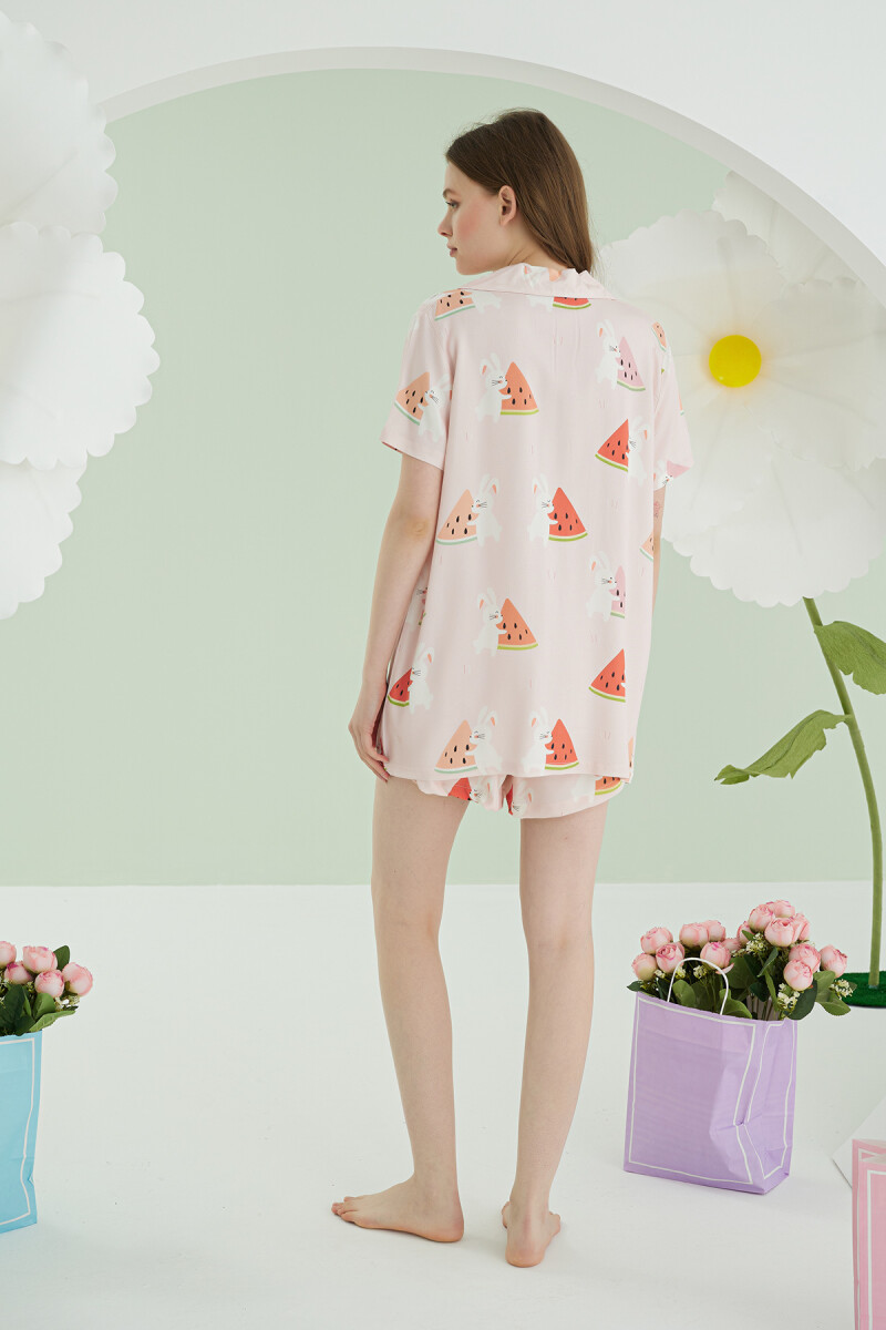 Pembe Karpuz Önden Düğmeli Şortlu Pijama Takımı - 4