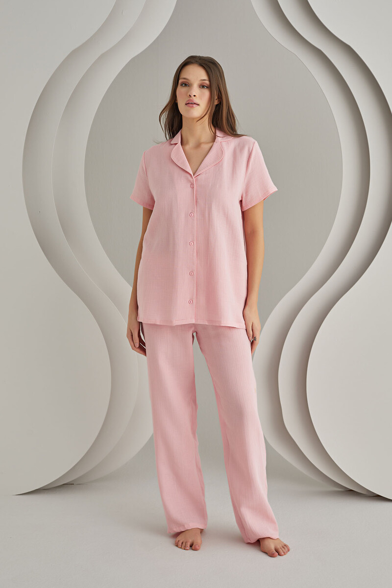 Pembe Muslin Önden Düğmeli Pijama Takımı - 4