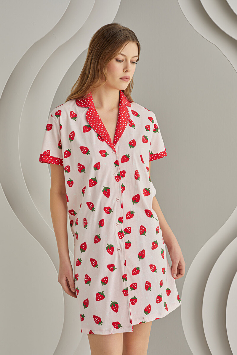 Pembe Strawberry Önden Düğmeli Tek Gecelik - 2