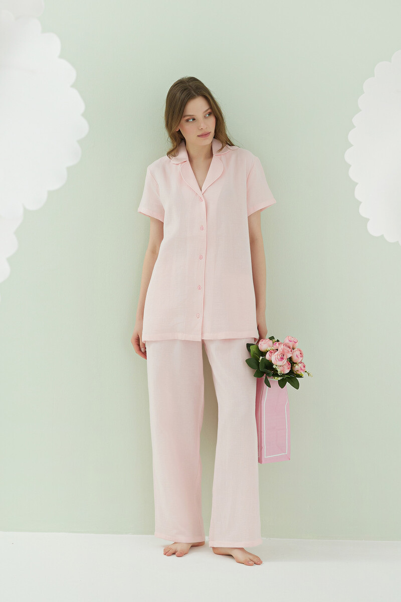 Pembe Önden Düğmeli Müslin Pijama Takım - 3