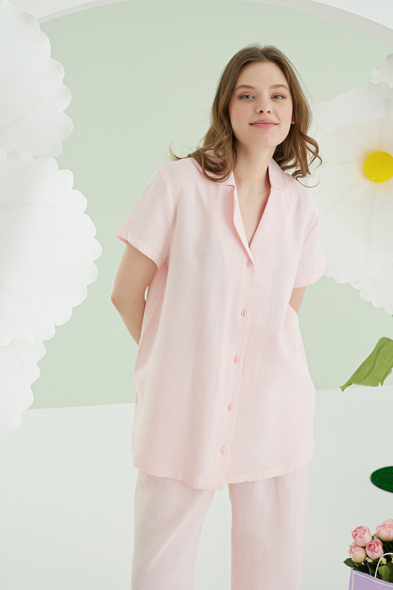 Pembe Önden Düğmeli Müslin Pijama Takım - 2