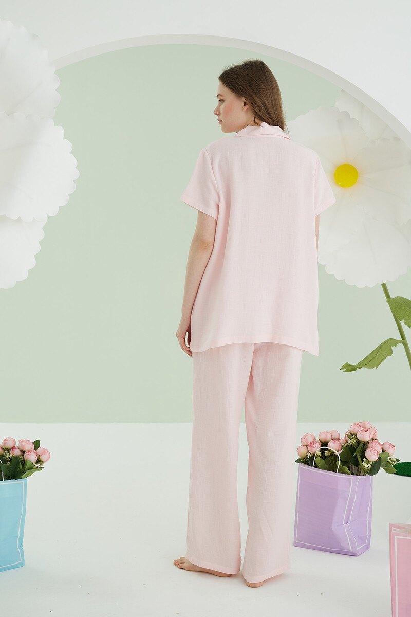 Pembe Önden Düğmeli Müslin Pijama Takım - 4