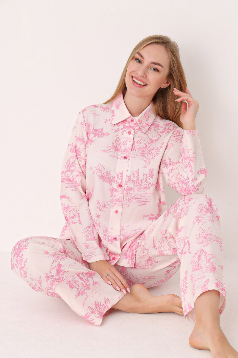 Pembe Önden Düğmeli Pijama Takım - 1