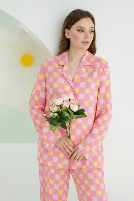 Pembe Papatya Çiçekli Önden Düğmeli Pijama Takımı - NBB