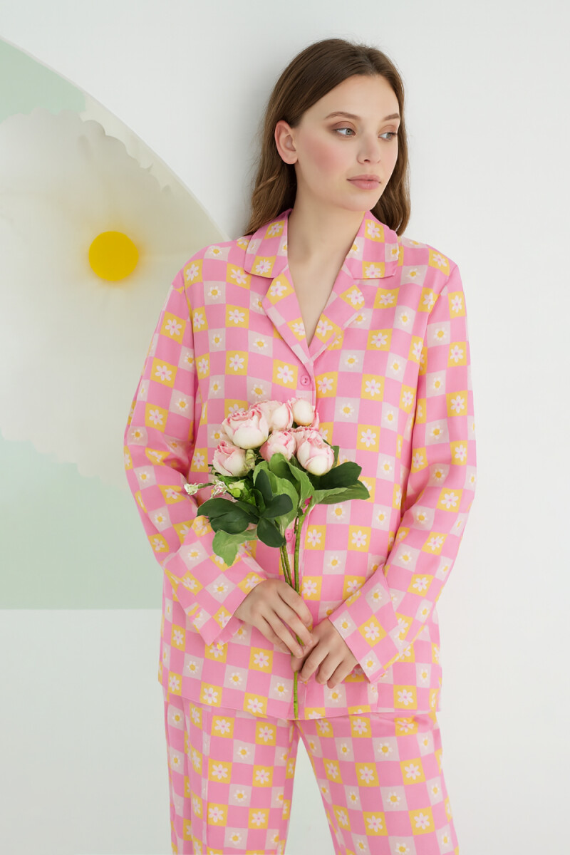 Pembe Papatya Çiçekli Önden Düğmeli Pijama Takımı - 1