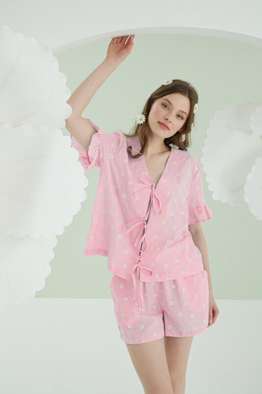 Pembe Papatya Şortlu Önden Bağlamalı Pijama Takımı 