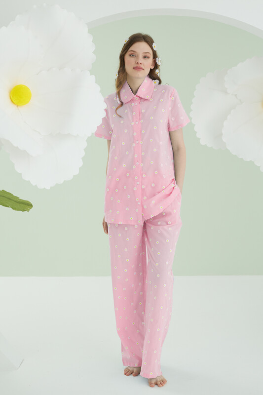 Pembe Papatyalı Önden Düğmeli Pijama Takımı 