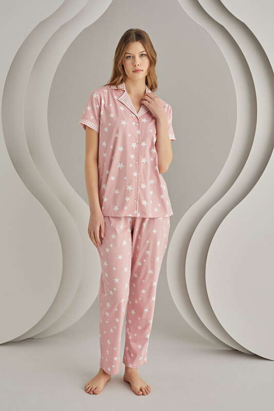 Pembe Pink Star Önden Düğmeli Pijama Takımı - Thumbnail