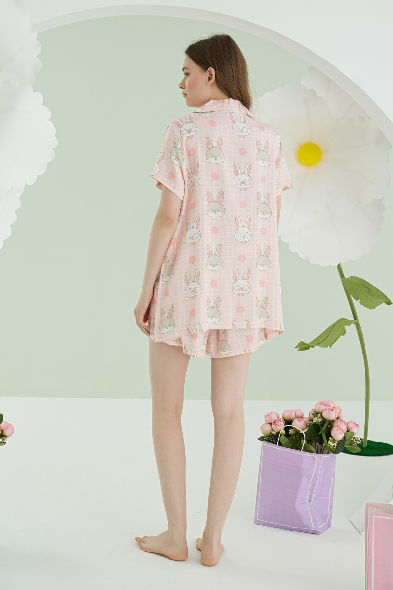 Pembe Rabbit Önden Düğmeli Şortlu Pijama Takım - 4