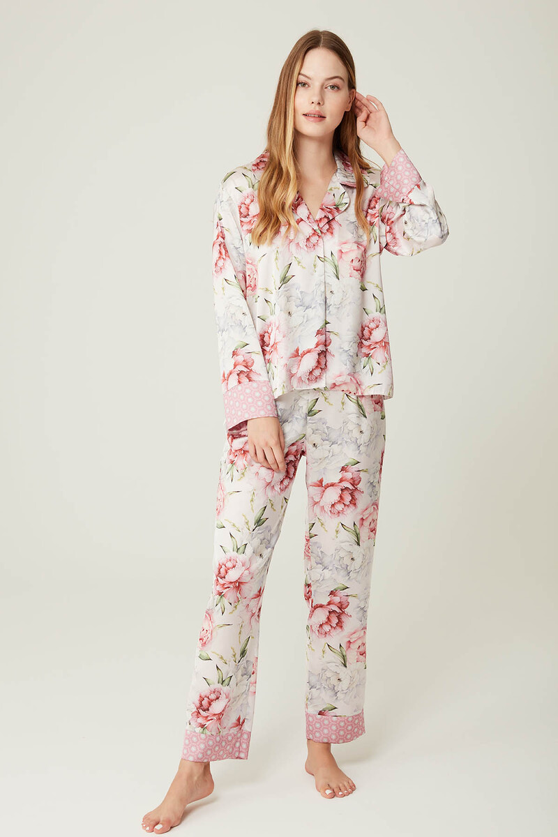 Pembe Saten Çiçek Desenli Pijama Takımı - 1
