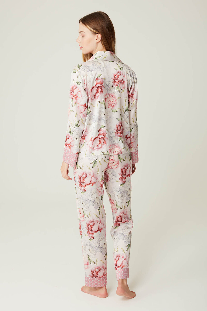 Pembe Saten Çiçek Desenli Pijama Takımı - 4