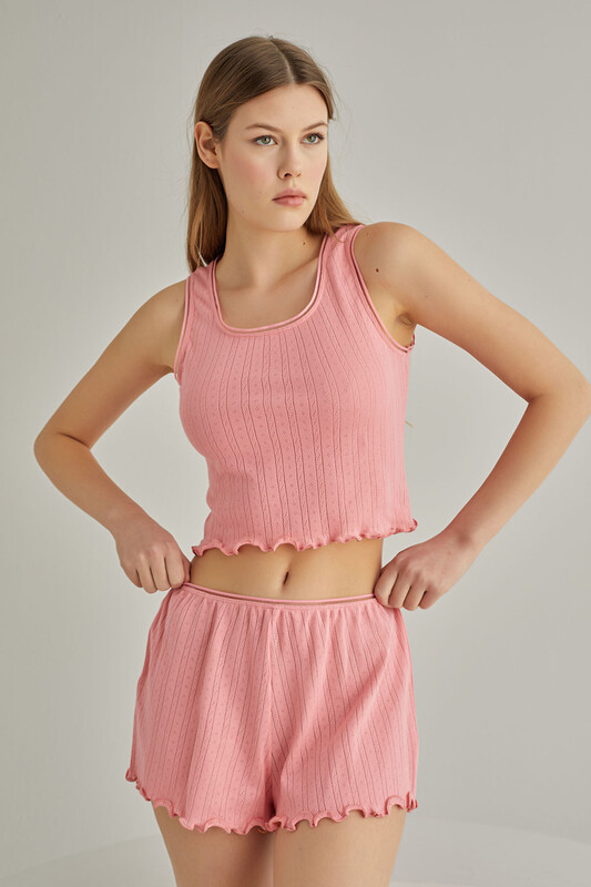 Pembe Self Patterned Crop Şort Takım 