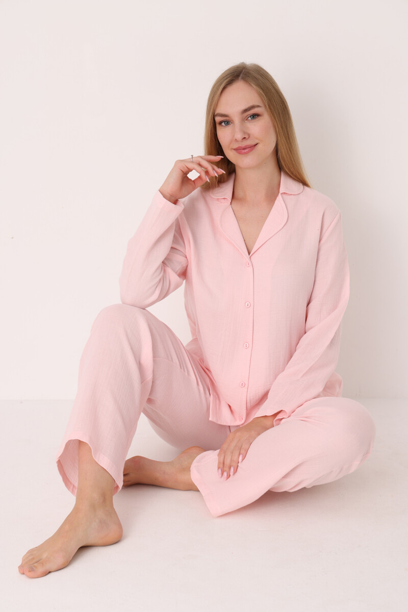 Pembe Straight Önden Düğmeli Pijama Takım - 1