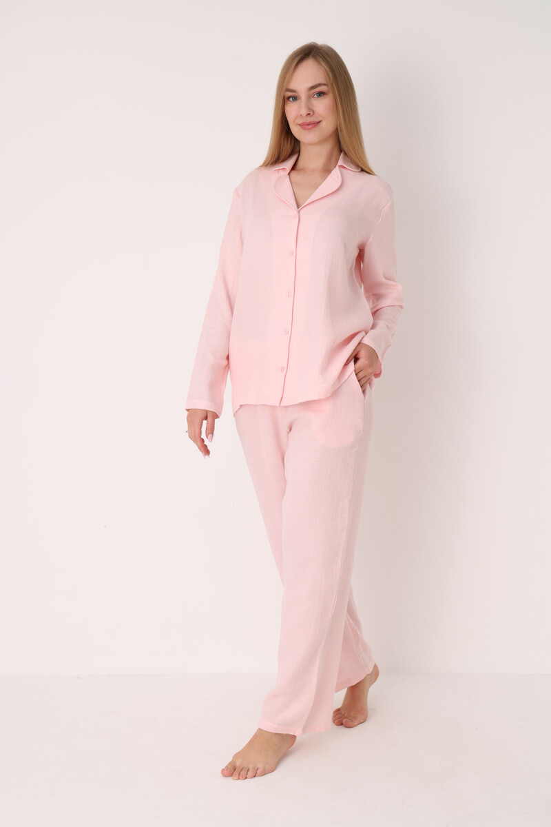 Pembe Straight Önden Düğmeli Pijama Takım - 2