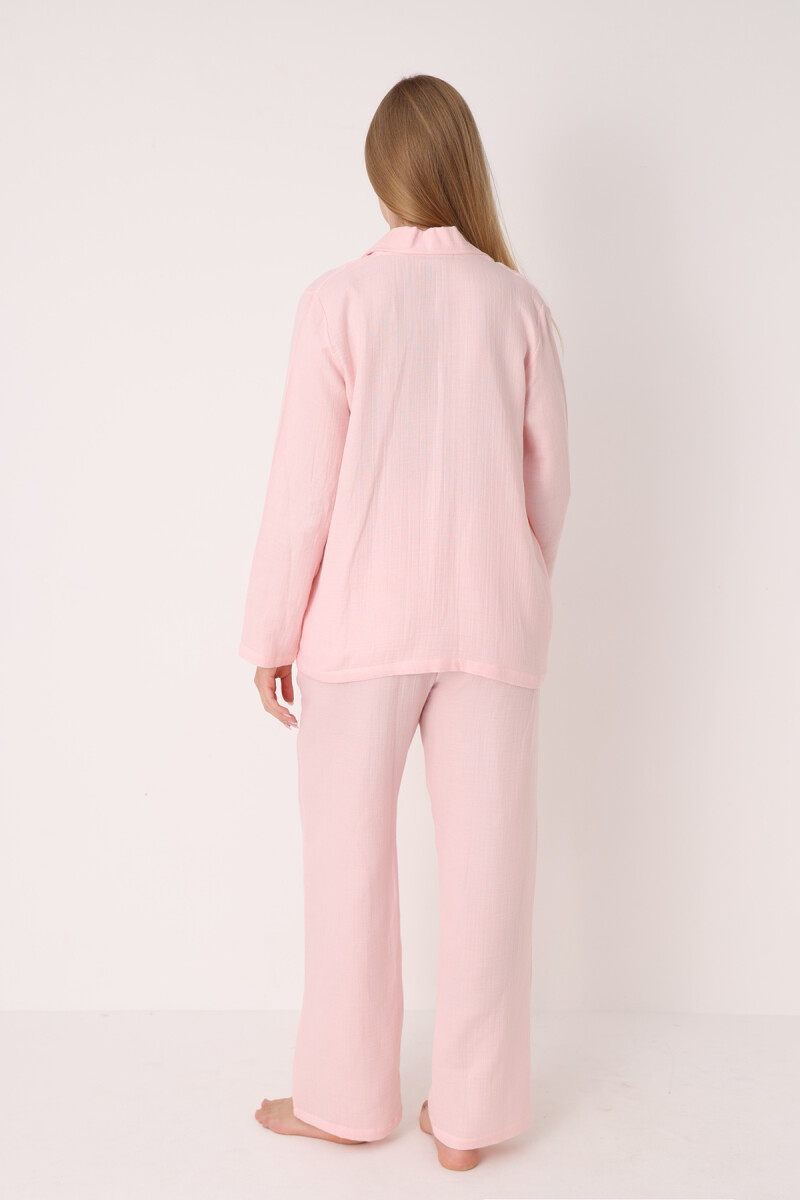 Pembe Straight Önden Düğmeli Pijama Takım - 3