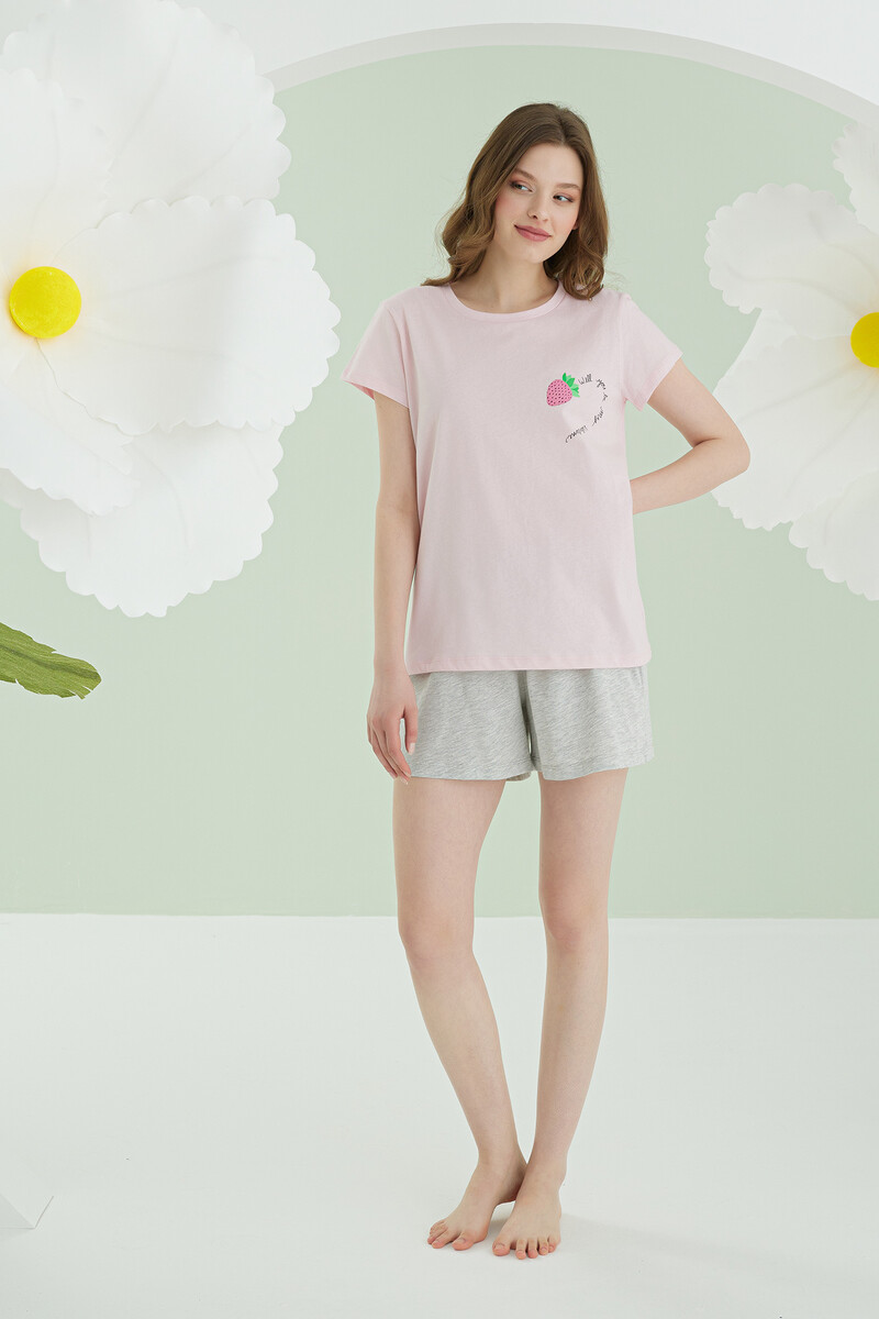 Pembe Strawberry Şortlu Pijama Takımı - 2
