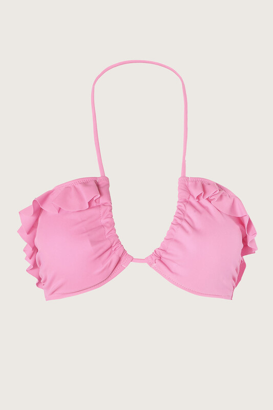 Pembe Volanlı Straplez Tek Üst Bikini 