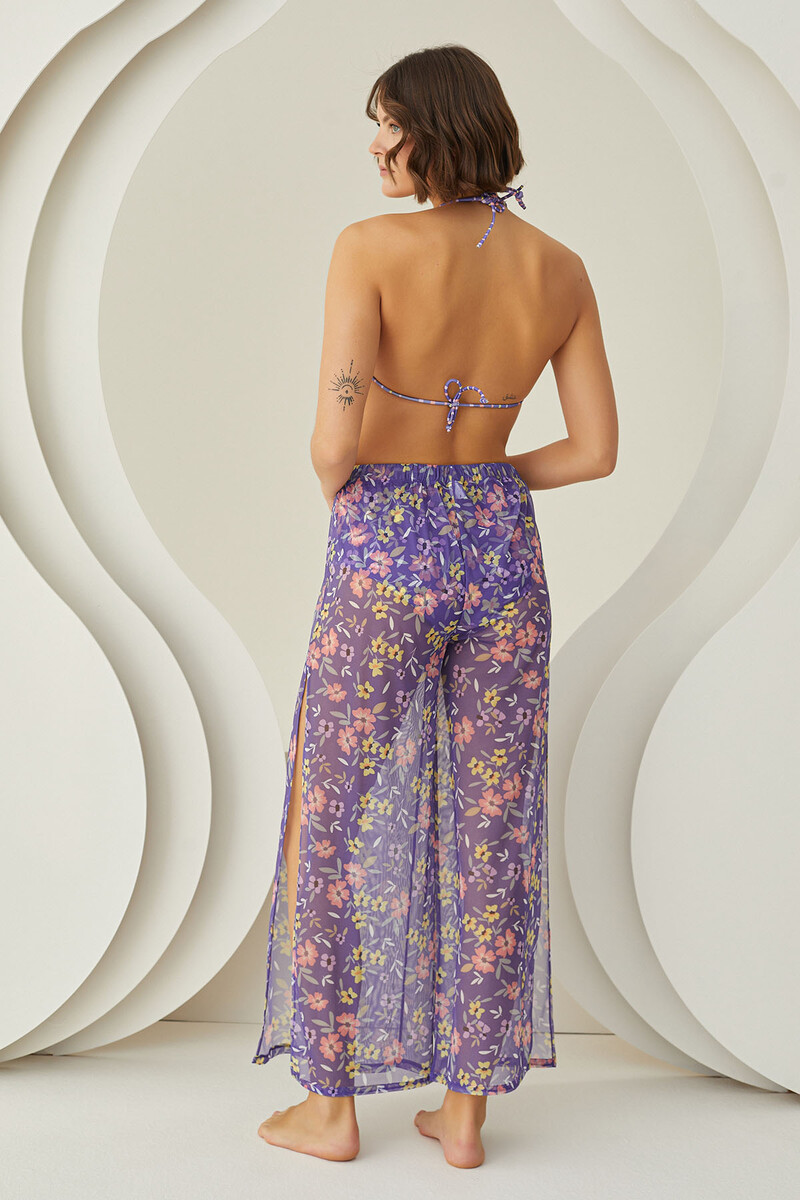 Renkli Bloom Yırtmaçlı Pareo Pantolon - 4