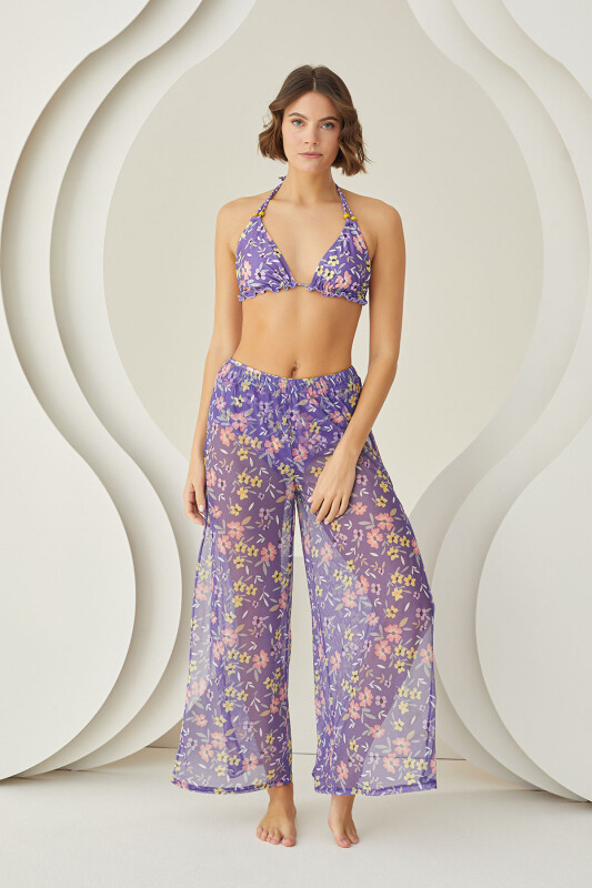 Renkli Bloom Yırtmaçlı Pareo Pantolon - LOYA
