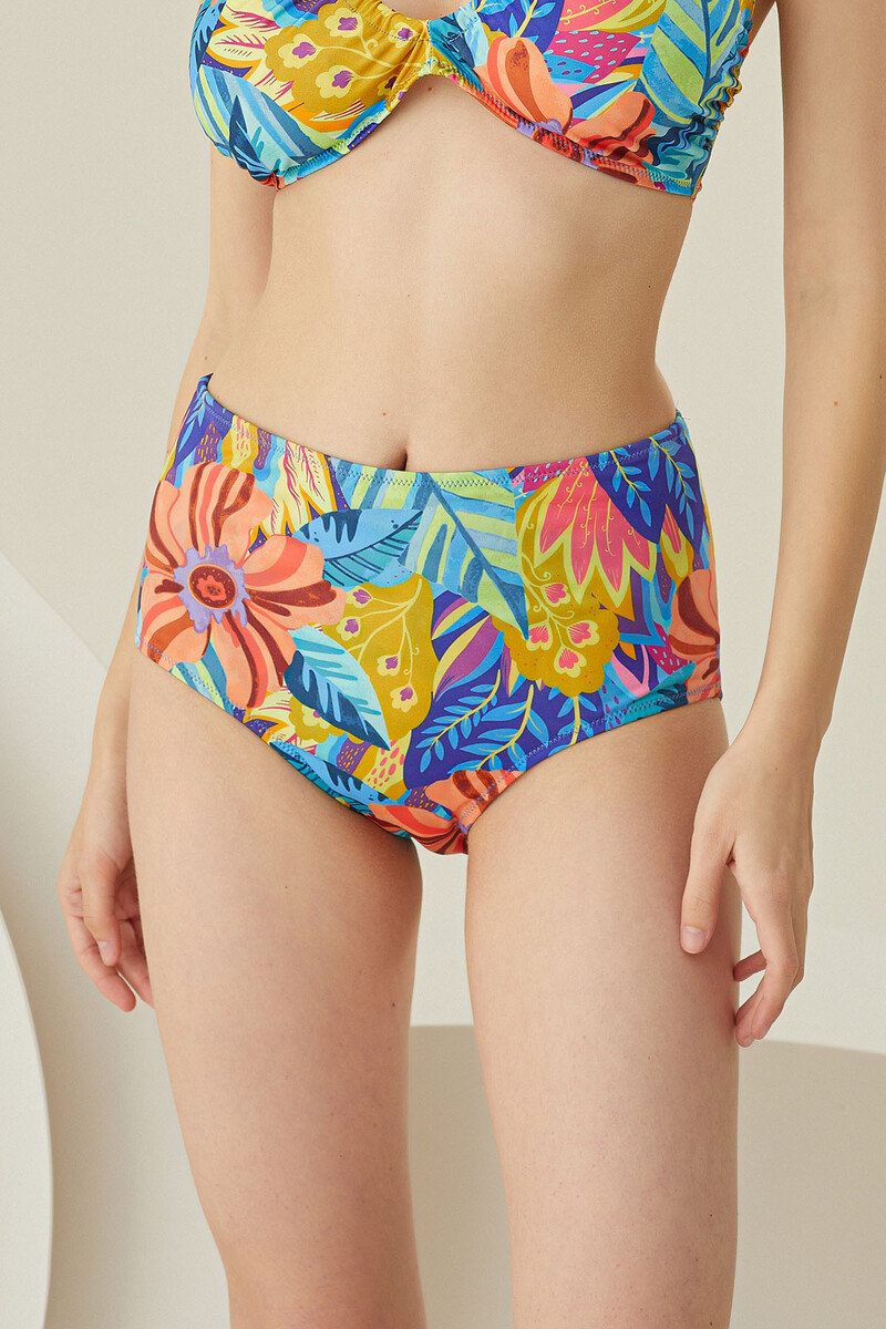 Renkli Fresh Flower Yüksek Bel Tek Alt Bikini - 1