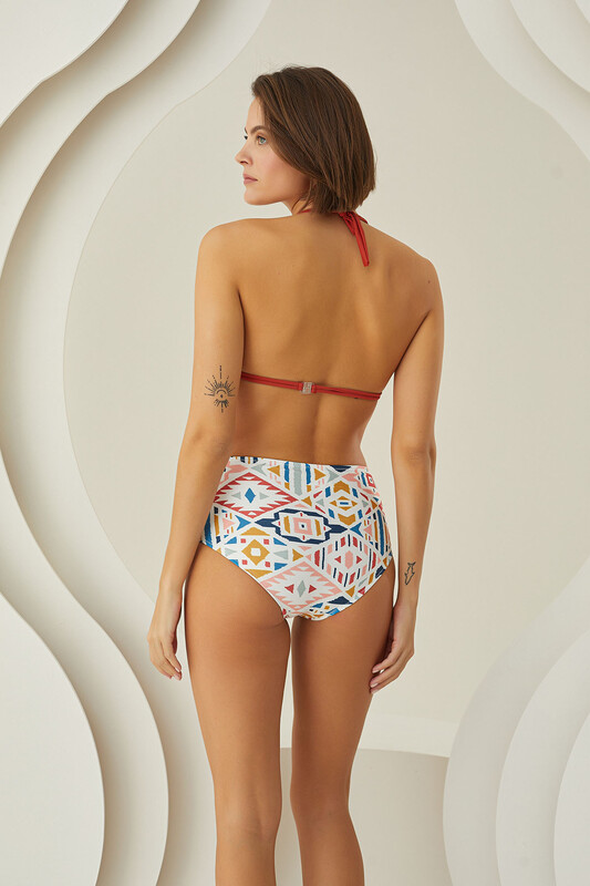 LOYA - Renkli Geometrik Desen Yüksek Bel Tek Alt Bikini (1)
