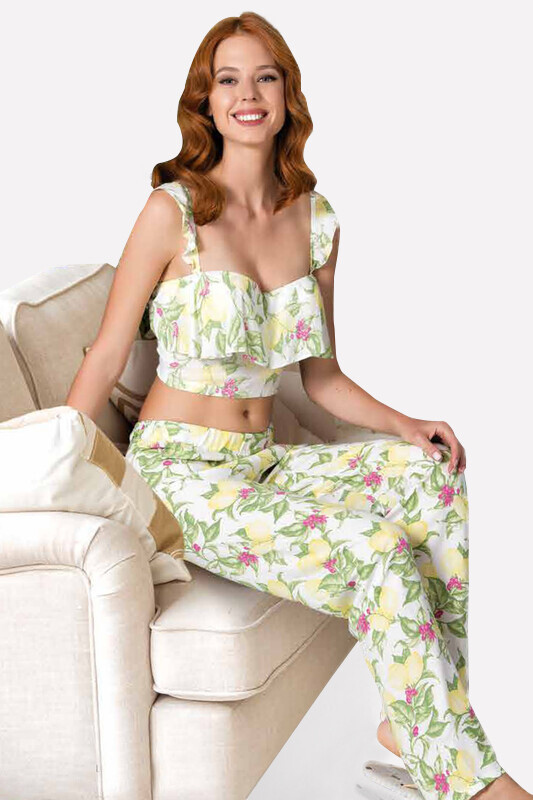 Renkli Limon Desenli Büstiyerli Pijama Takımı - 1